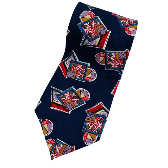 Andre Valentino Vintage Men's Silk Tie Blue Red Abstract Print Wide Width Bold - Picture 1 of 7